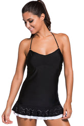 Schwarzes Neckholder-Badekleid und Panty